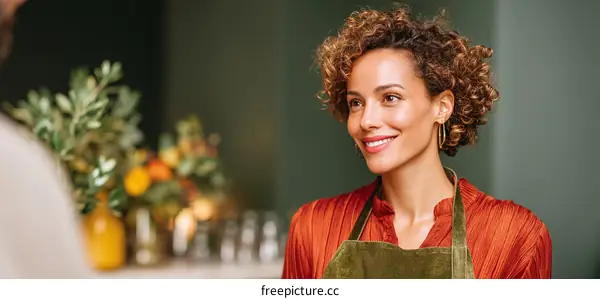 A woman with curly hair wearing an apron smiles while conversing