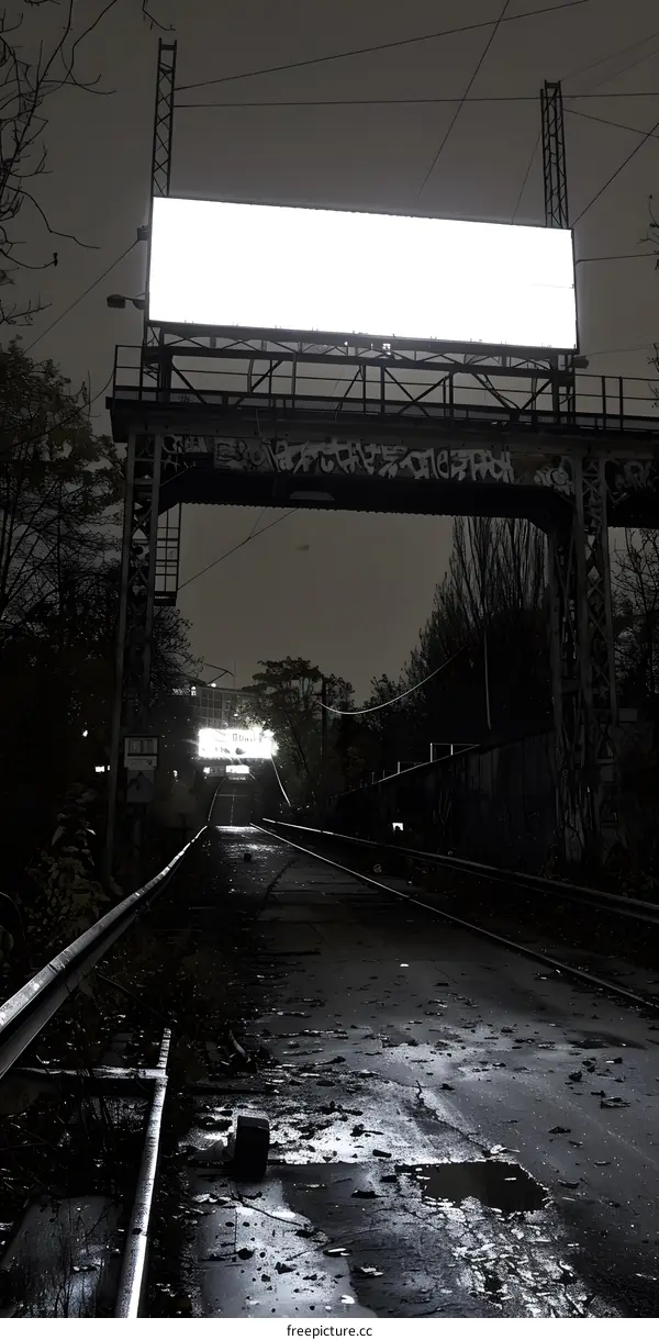 Empty Billboard Over Train Tracks at Night