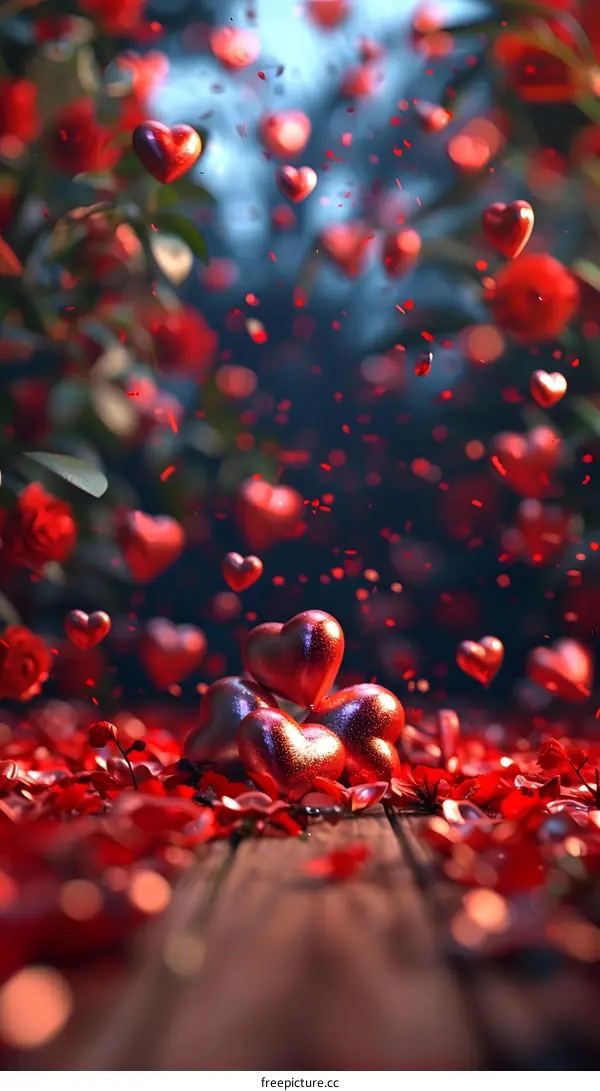 A red heart-shaped balloon falls from the sky, surrounded by many red petals