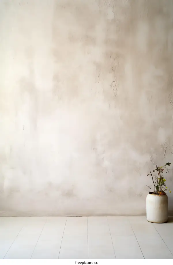 Minimalistic concrete wall and beige vase with plant photo