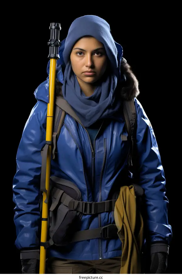 Young Woman in Blue Jacket with Backpack and Yellow Pole