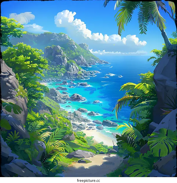 Tropical Island Coastline With Lush Greenery