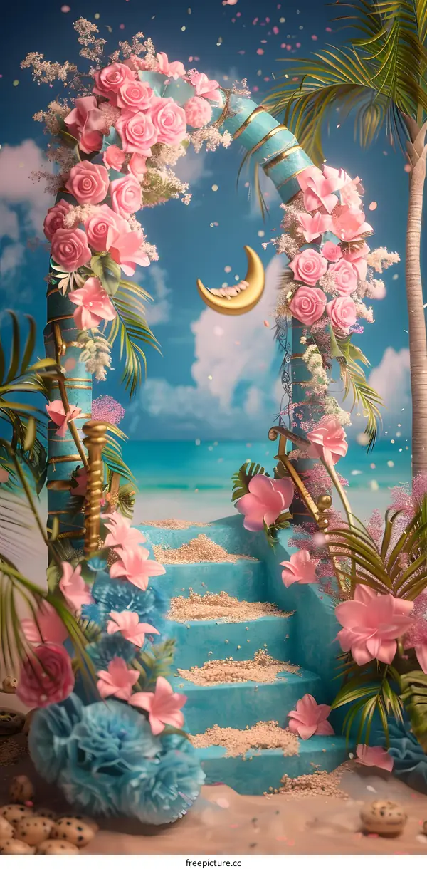 Blue and Pink Floral Archway with Steps and Beach Background