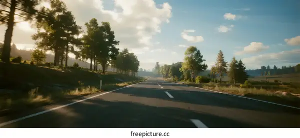 Scenic road with trees and clear sky under sunlight