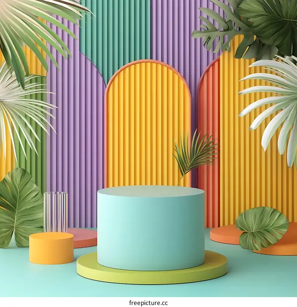 Colorful Striped Background with Tropical Plants and Podium