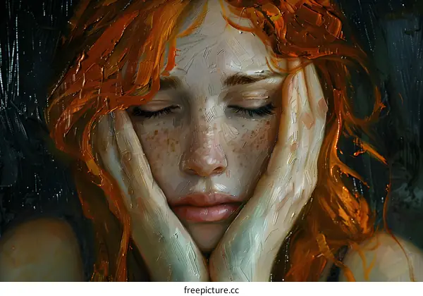 Oil painting of a young woman with red hair and freckles