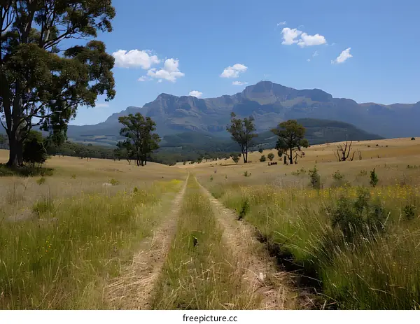 dirt road through a grassy plain with a mountain range in the distance