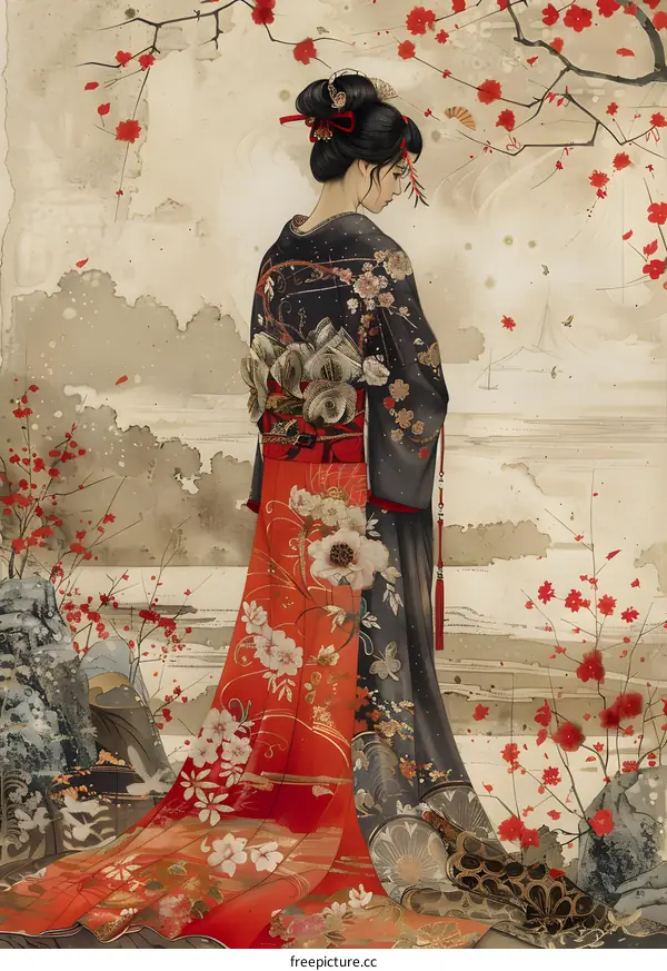 A woman in a kimono standing in a field of red flowers.