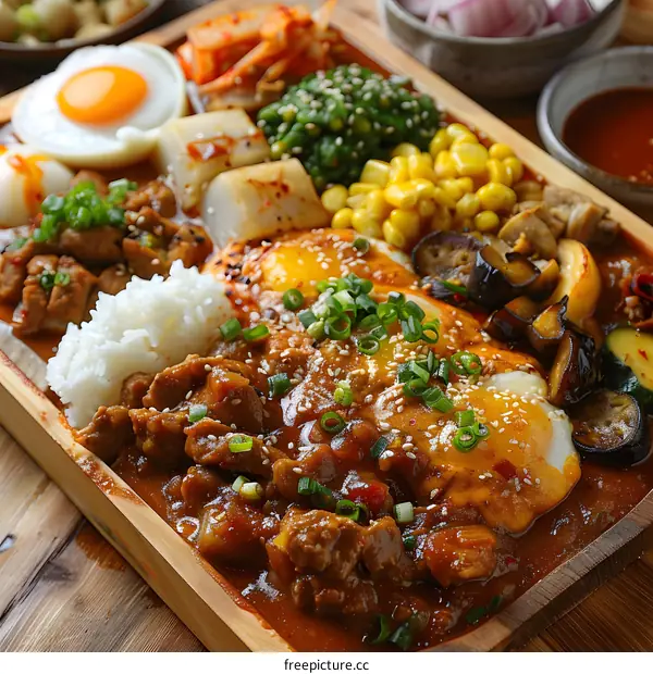 Japanese Curry Rice with Sunny Side Up Eggs and Side Dishes