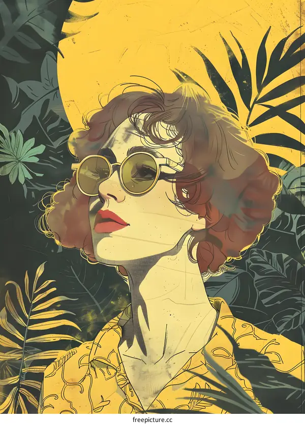 Woman with Sunglasses in Tropical Leaves Illustration