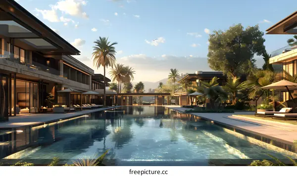 A modern house with a swimming pool surrounded by palm trees