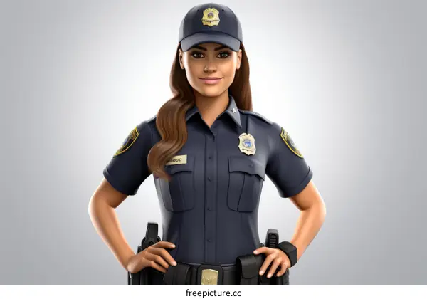A policewoman with brown hair and brown eyes is standing with her hands on her hips.