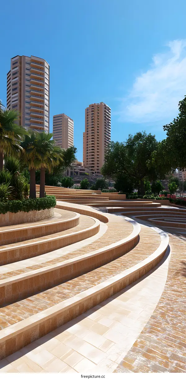 Modern Stone Steps With City Buildings in the Background