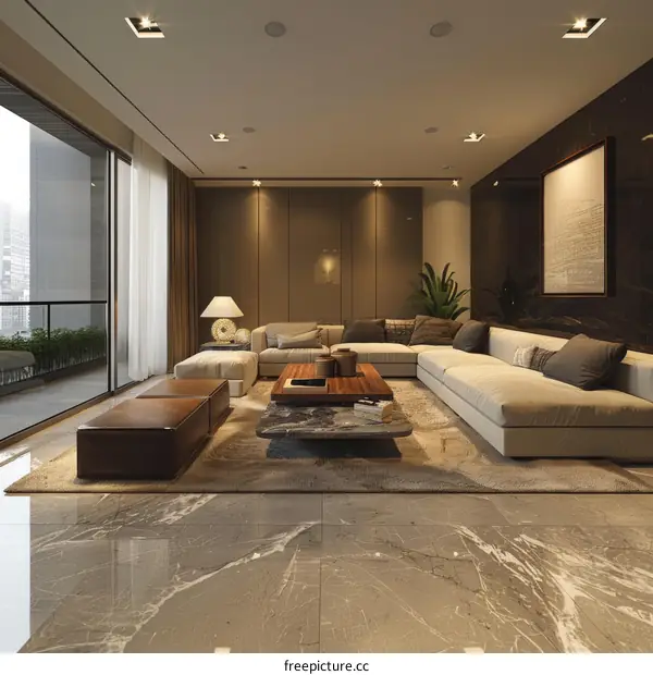 Modern Living Room Interior Design with Beige Sofa and Wooden Coffee Table