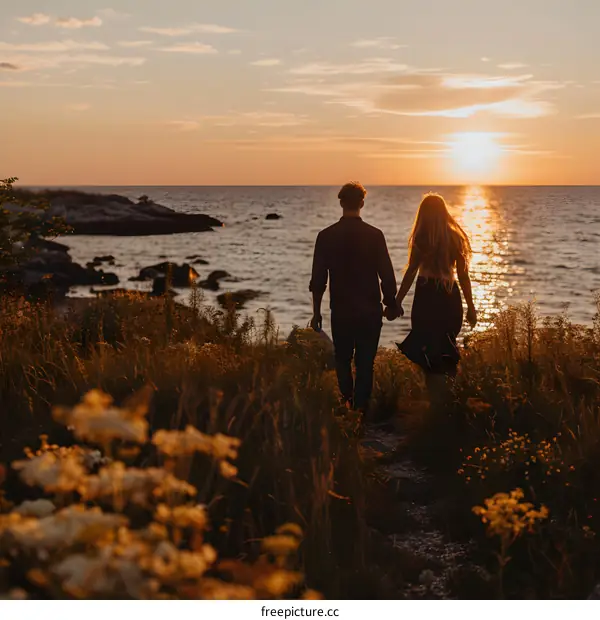 Couple Walking on Beach at Sunset