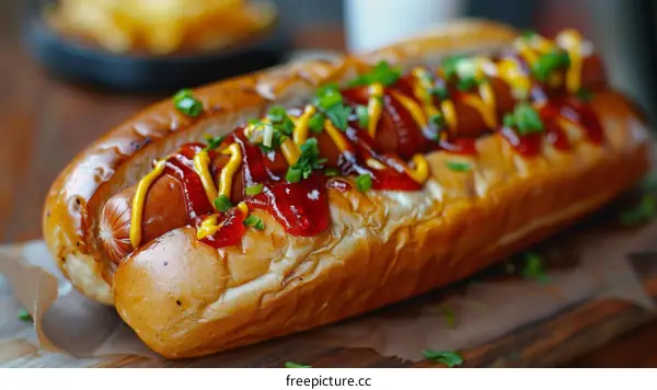 Hotdog with mustard and ketchup on a wooden table