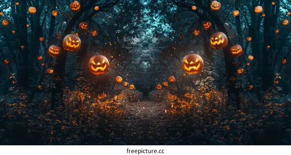 Spooky Halloween Pumpkin Archway in a Haunted Forest
