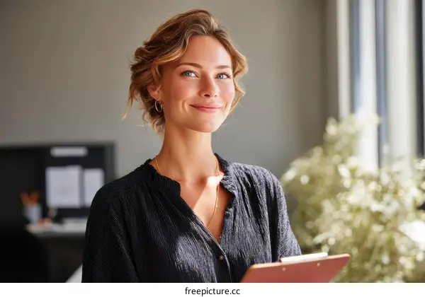 Professional woman holding clipboard in modern office setting