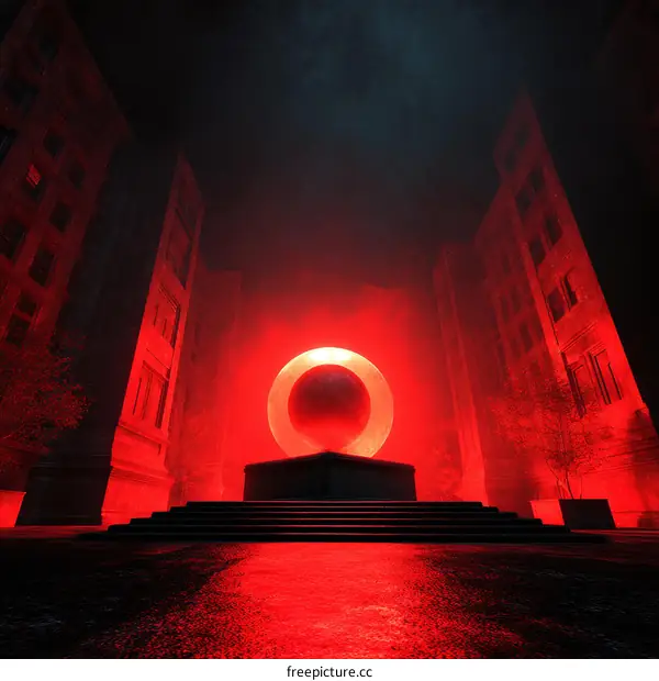 Red Lit Monument in a Foggy Urban Alleyway