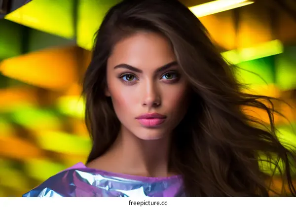 Portrait of a beautiful young woman with long brown hair and green eyes