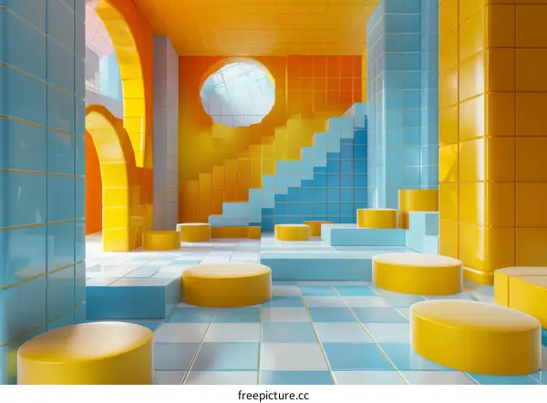 Vibrant Geometric Blue and Yellow Tiled Stairs