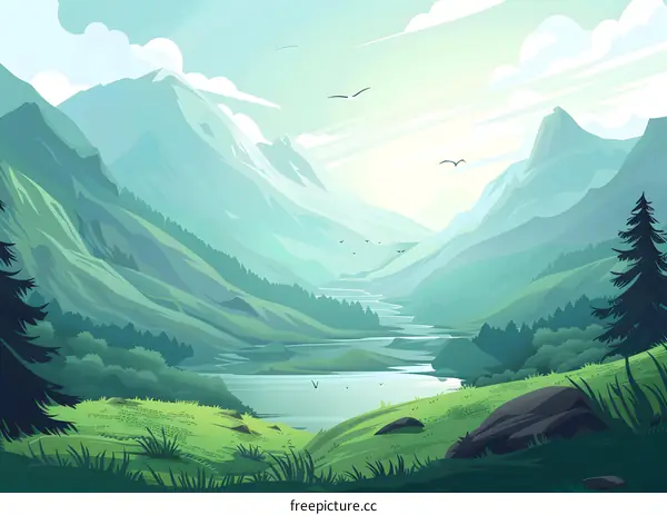 Mountain Landscape with River and Birds