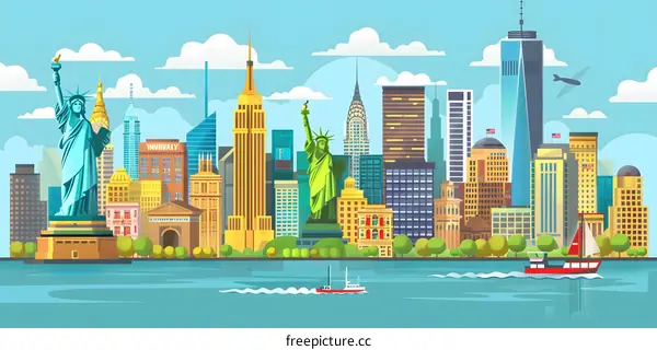 New York City Skyline Illustration with Statue of Liberty