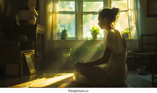 Young woman sitting in a ray of sunlight in a living room