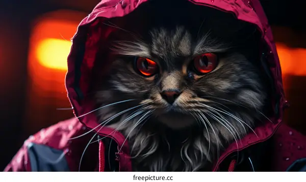 A cat wearing a red raincoat with the hood up