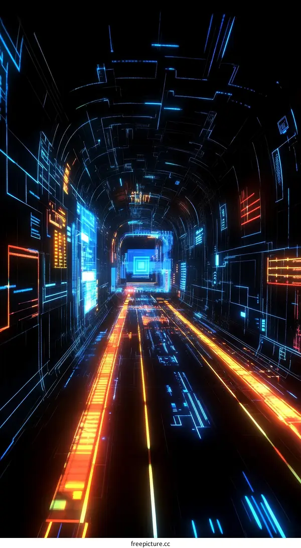 Futuristic Neon Tunnel of Digital Circuits