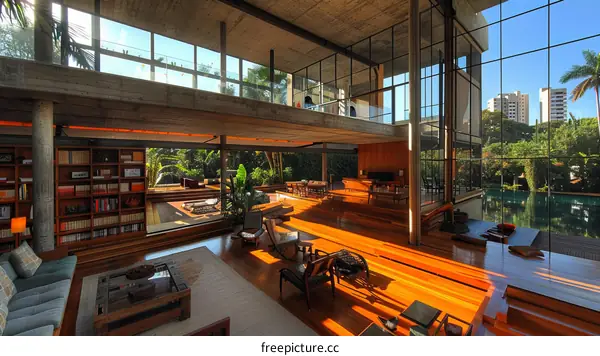 Modern house interior with open floor plan and large windows