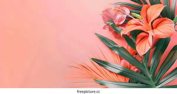 Tropical Leaves and Flowers on a Pink Background