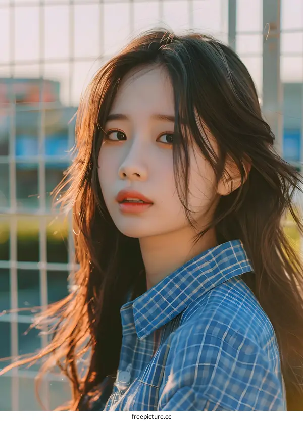 Young Asian Woman in Plaid Shirt Looking Away