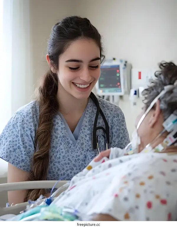 Nurse with a stethoscope talking to a patient in a hospital
