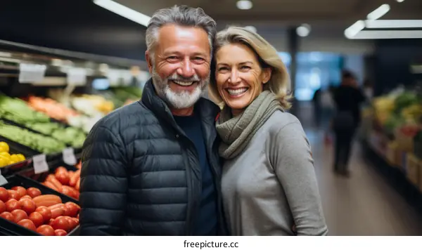 Happy senior couple grocery shopping together