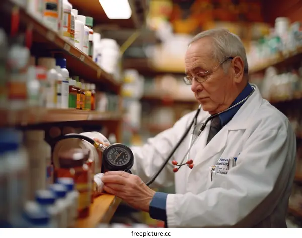Senior male pharmacist checking the medication on the shelf