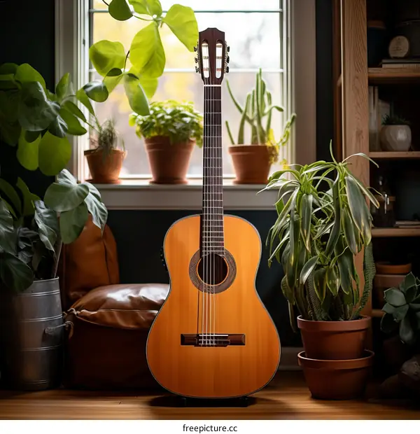 An acoustic guitar is placed in front of a window with potted plants on the windowsill