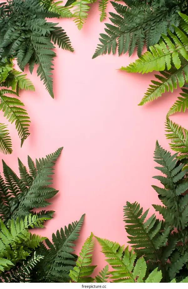 Green Fern Leaves Border on Pink Background
