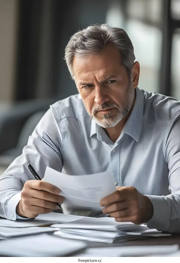 Serious Businessman Reading Documents at Desk