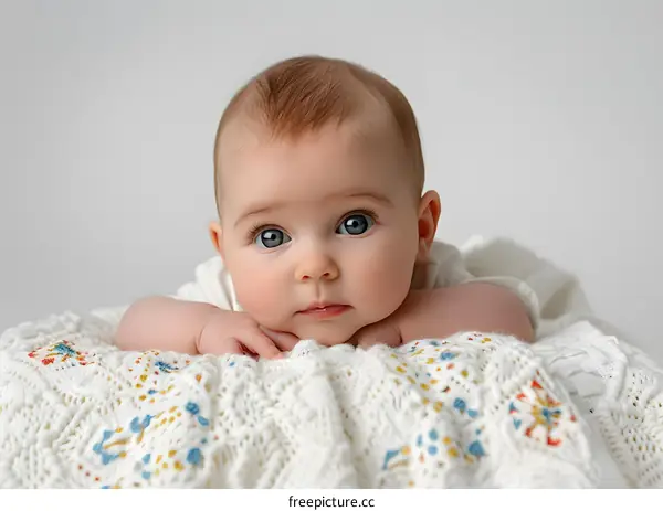 Baby with blue eyes lying on white blanket
