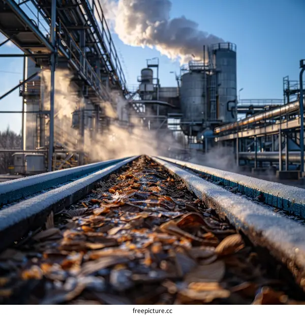 A factory with a conveyor belt full of wood chips and sawdust