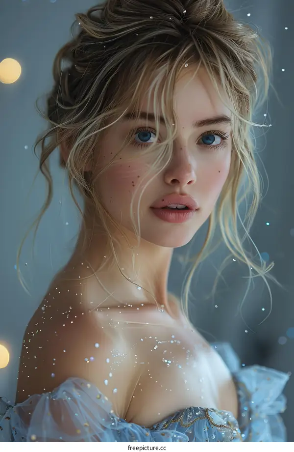 Portrait of a beautiful blonde woman with blue eyes wearing a blue dress