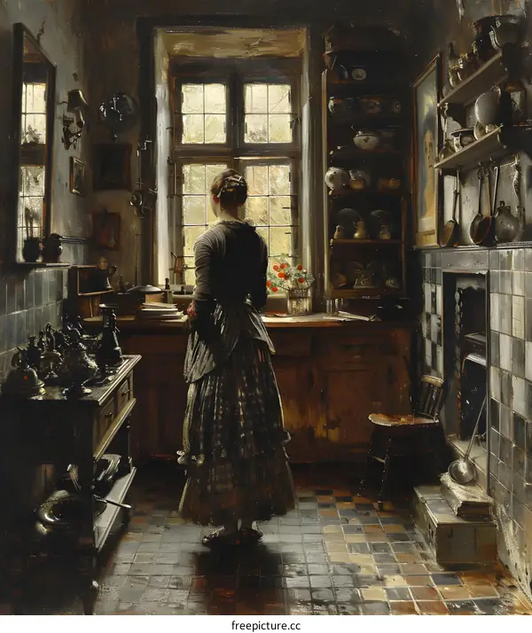 A woman standing in a kitchen looking out the window