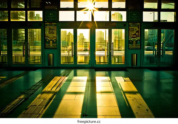 Green Glass Doors with Sunbeams Through the Windows
