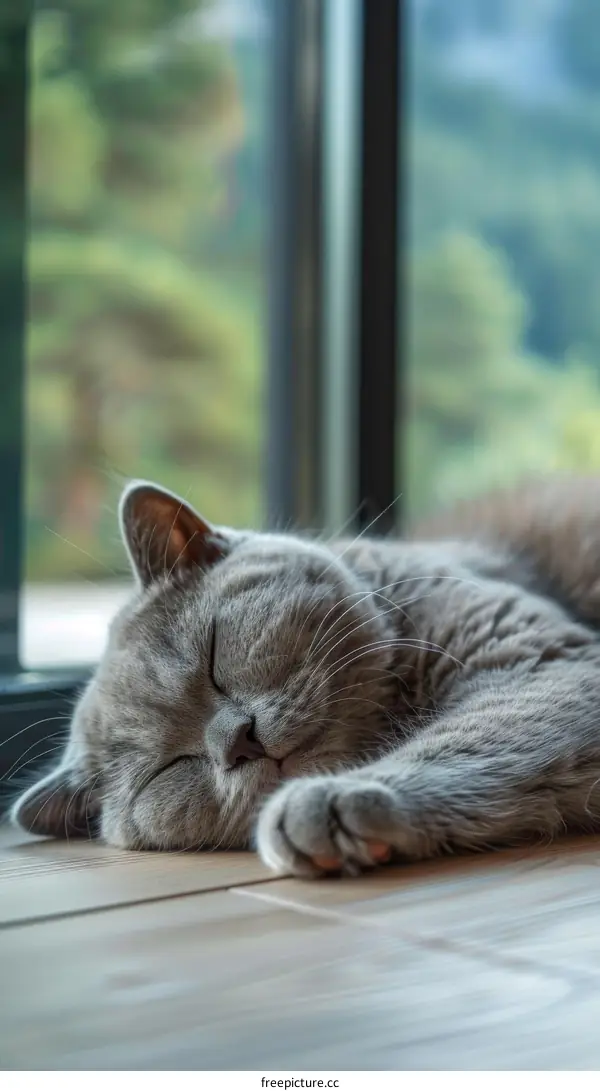 A gray cat is sleeping on the floor in front of a door.