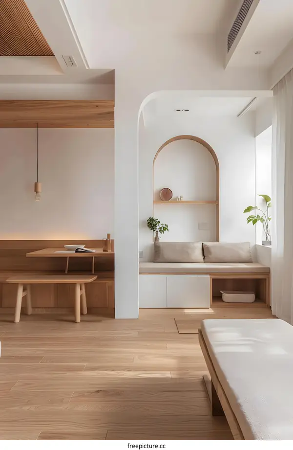 Minimalist Modern Interior Design with Wooden Elements and a Window Seat