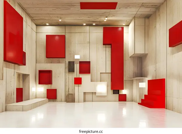 Abstract Minimalist Interior Design with Red Geometric Shapes