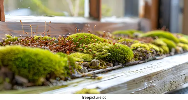 Green Moss Growing on Wooden Windowsill