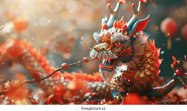 Majestic Blue and Gold Dragon in a Field of Red Flowers