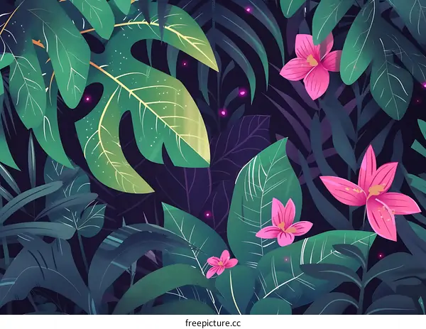 Tropical Green Leaves and Flowers Illustration